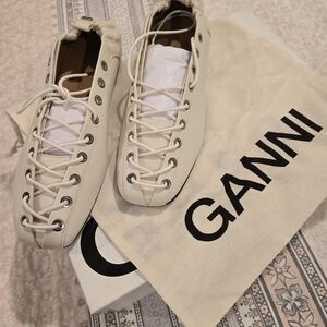 Ganni Lace-Up Ballerina In Egret